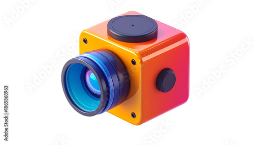 Shiny, square digital camera with lens, buttons, and gradient color