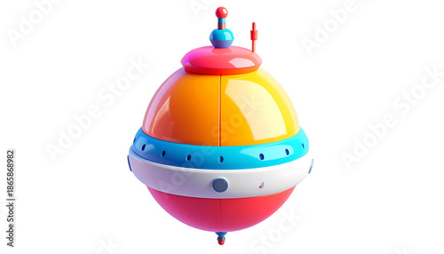 A colorful, cartoon-like, spherical object, seemingly a futuristic vehicle