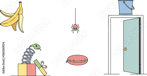 Classic Practical Jokes and Pranks Line Art Vector Set.eps
