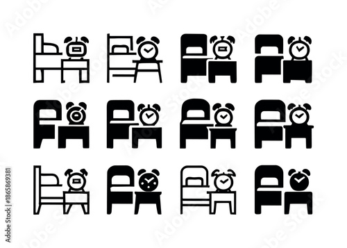 Alarm Clock Logo Variations. Alarm Clock Set for the Morning Next to the Bed. Icon set. Set Logo of Alarm Clock Next to Bed: digital alarm clock on nightstand.