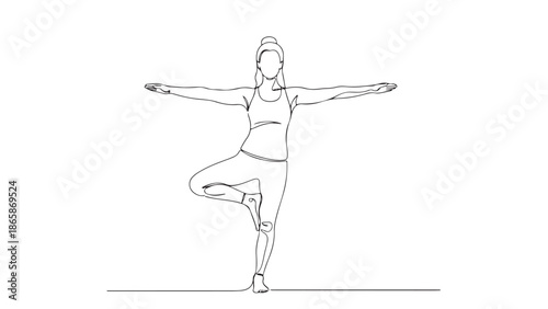 Continuous line drawing of a woman performing a yoga pose with arms outstretched and one leg bent