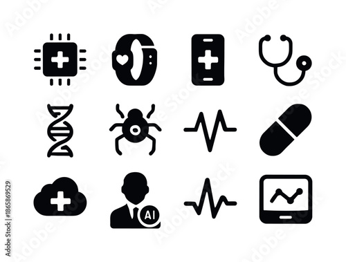 Smart Healthcare Icons. Smart healthcare. Solid icon set of smart healthcare: health chip, wearable band, mobile health app, stethoscope, DNA icon, nano robot,