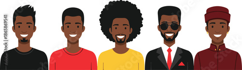 Diverse African American men avatar set, cartoon male characters with different styles outfits smiling isolated white background diversity concept