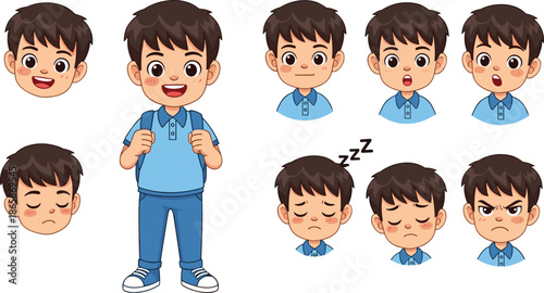 cute, boy, character, facial, expressions, emotions, set, happy, sad, surprised, angry, sleepy, school, kid, cartoon, illustration, vector, isolated, white, background