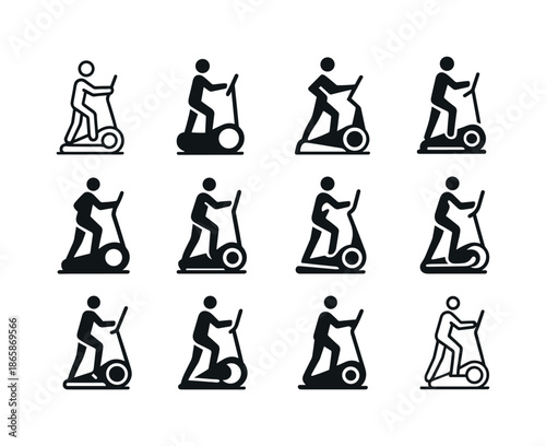 Elliptical Machine Icons. Elliptical machine. Icon set. Set Logo of elliptical machine: fitness icon in motion. harmonious logo variations of the