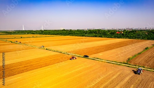 Bild auf Leinwand Mechanized Wheat Harvest - Aerial Agricultural Scene with Industrial Skyline
