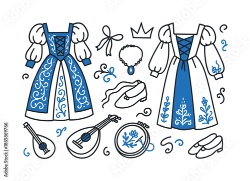 Renaissance Gowns Illustration. Renaissance Gowns. Hand-drawn doodle illustration Renaissance Gowns corset bodice (accented), puff sleeves, ornate patterns