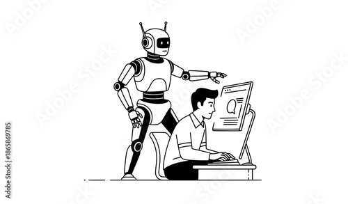 AI Robot Supporting Digital Worker Black and White Vector Drawing