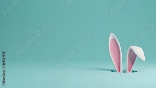 Minimalist 3D Render of White Rabbit Ears Peeking from a Pastel Blue Hole
