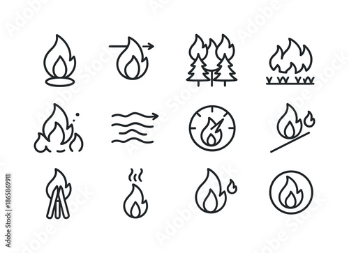 Fire Behavior Icons. Fire behavior. Line icon set of Fire behavior: ignition point, flame spread arrow, crown fire, surface fire, ember carry, wind influence