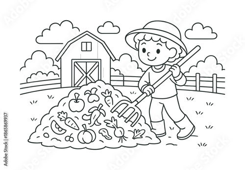 Farm Compost Coloring. Composting on the farm children?s coloring book illustration, outlined drawing, child stirring a big compost pile near a barn with fruit