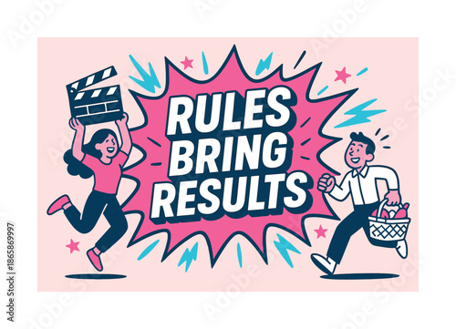 Rules Bring Results. Rules bring results banner, flat vector illustration, bold oversized text inside splash explosion banner, cartoon characters jumping and