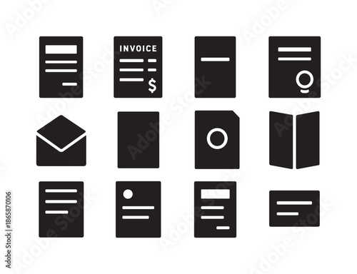 Business Paper Icons. Business Printing Paper. Solid icon set of Business Printing Paper: letterhead sheet, invoice paper, presentation cover, contract paper,
