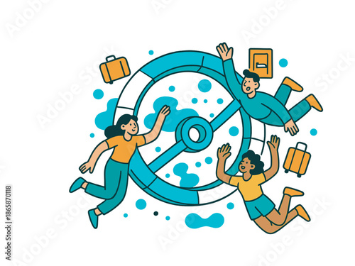 Zero Gravity Hotel. Orbital hotel stay. Tourists float in zero gravity inside a ring-shaped space hotel; luggage and room icons drift gently around. Modern