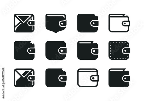 Leather Wallet Logos. Old leather wallet. Icon set. Set Logo of old leather wallet: flap corner wear. harmonious logo variations of the same emblematic