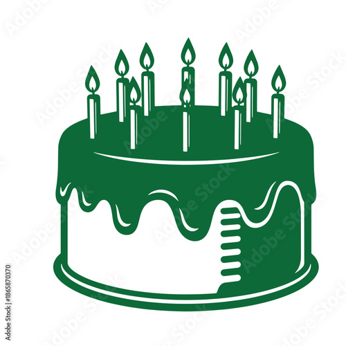 Green cake with lit candles on top for birthday celebration  festive dessert