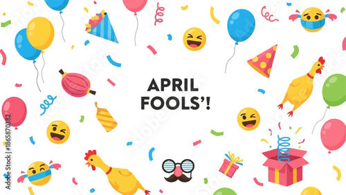 April Fools Day cheerful cartoon vector illustration with playful pranks and party elements.eps