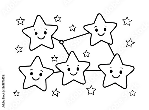 Smiling Stars Constellation. Stars and constellations children?s coloring book illustration, outlined drawing, group of smiling stars forming an easy