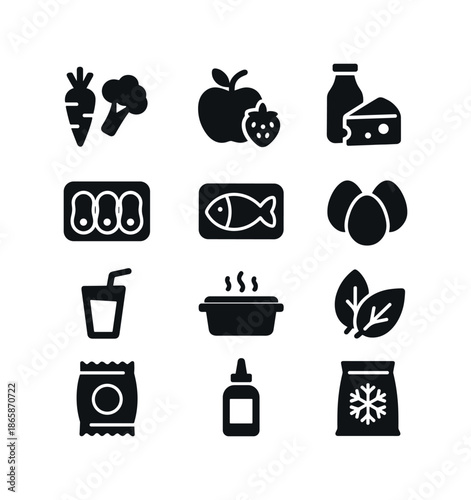Fresh Food Icons. Fresh food categories. Solid icon set of Fresh food categories: vegetables, fruits, dairy, meat pack, fish pack, eggs, drinks, leftovers,