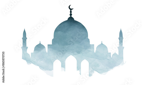 Blue Watercolor Silhouette of Mosque