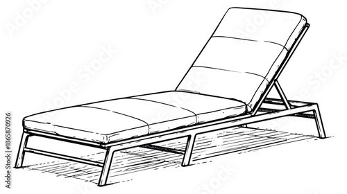 Hand drawn line art illustration of a lounge chair depicting outdoor relaxation for summer vacation