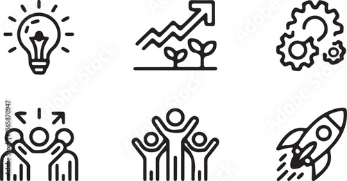 Collection of black line art icons representing business concepts like idea generation, growth, teamwork, and achievement for presentations or web design.