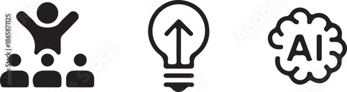 Three simple black line icons showcase an ecstatic person celebrating success above a group, an upward trending lightbulb symbolizing improved insight, and artificial intelligence cloud concept.
