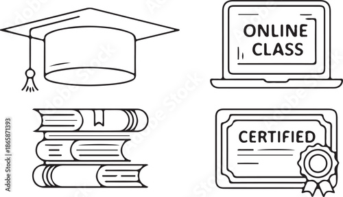 Academic symbols including a graduation cap, a stack of textbooks, a laptop displaying online class text, and a certified document are presented as line graphics.