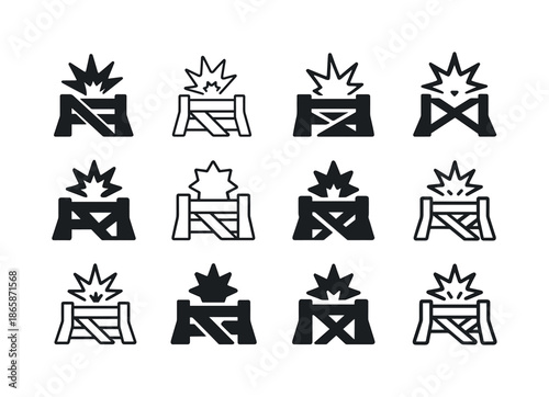 Enemy Camp Icons. Enemy camp under attack. Icon set. Set Logo of enemy camp under attack: defensive barricade impact. harmonious logo variations of the same