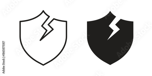 Broken shield icons set designed in filled, outline, line and stroke style