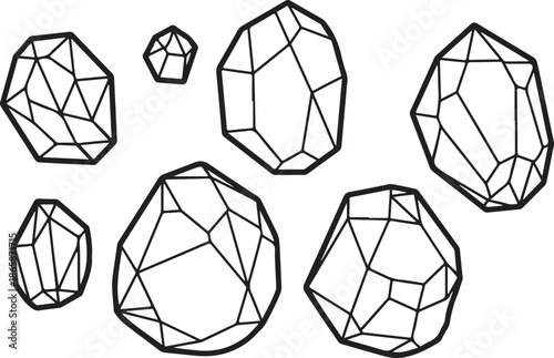 crystal and gemstone coloring pages featuring clean black line art and detailed faceted shapes.