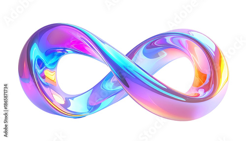 Abstract, iridescent infinity symbol against black. Reflective, smooth textures
