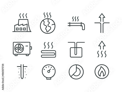 Geothermal Energy Icons. Geothermal Energy Adoption. Line icon set of Geothermal Energy Adoption: geothermal plant, earth heat icon, hot water pipe, geothermal
