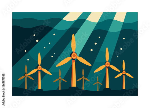 Tidal Turbine Harvest. Ocean current harvest. Rows of sleek tidal turbines stand anchored on the seafloor, illuminated by drifting beams of sunlight. Quiet