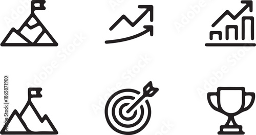Several line art icons display concepts of reaching a summit, upward trending arrows, successful target hitting, and receiving a championship trophy.
