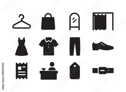 Shopping Icon Set. Shopping and fitting. Solid icon set of shopping and fitting: hanger, bag, mirror, fitting room, dress, shirt, pants, shoes, receipt,