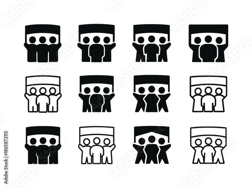 Workers' Union Icons. Workers? union meeting. Icon set. Set Logo of workers? union meeting: unity banner. harmonious logo variations of the same emblematic