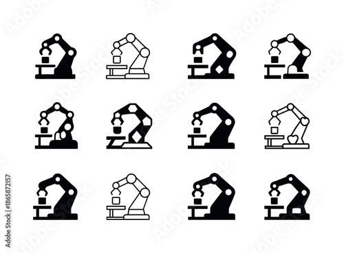 Home Robotics Logos. Home Robotics. Icon set. Set Logo of Home Robotics: robot arm placing an object on a shelf. harmonious logo variations of the same