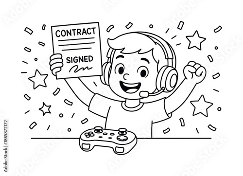 Gamer's Contract Celebration. Celebrating signed contract children?s coloring book illustration, outlined drawing, a smiling gamer holding up a signed cartoon