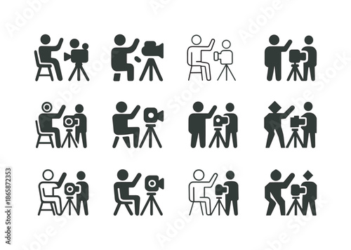 Director and Crew Logos. Film set with director and crew. Icon set. Set Logo of Film set with director and crew: camera tripod. harmonious logo variations of