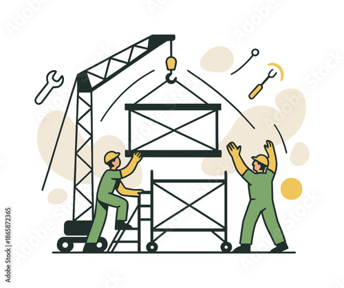 Scaffold Hoisting Scene. Scaffold platform lift. A crane hoists a scaffold section into position while workers guide from below; tension lines and tool icons