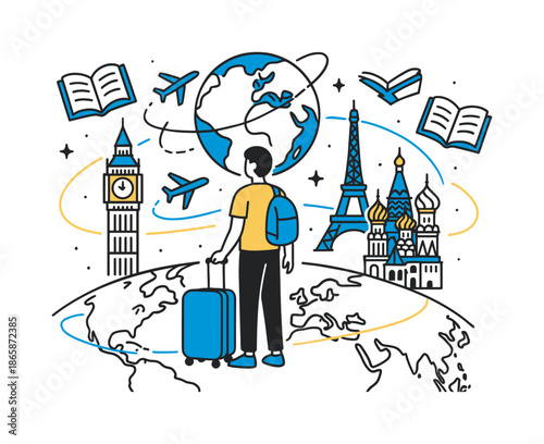 Global Study Journey. Study abroad experiences. A student stands with a suitcase under floating landmarks; icons of books and planes orbit above. Light trails