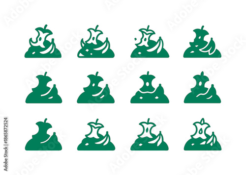 Composting Icon Set. Composting. Icon set. Set Logo of Composting: food scraps. harmonious logo variations of the same emblematic concept, each with different