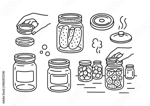 Mason Jar Doodle. Mason jar lid. Hand-drawn doodle illustration Mason jar lid home canning lid, jar with pickles, sealing bubbles, boiling pot, lid steam,