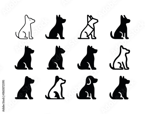Dog Logo Variations. Dog. Icon set. Set Logo of Dog: sitting dog silhouette with upright ears and tail. harmonious logo variations of the same emblematic