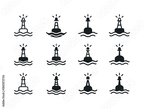 Buoy Logo Variations. Buoy floating. Icon set. Set Logo of buoy floating: signal buoy with beacon. harmonious logo variations of the same emblematic concept,