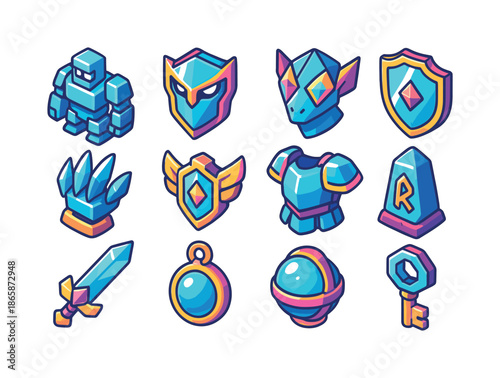 Mirror Guardian Icons. Mirror guardians. Colorful isometric vector icons set of Mirror guardians: reflective golem, glass sentinel mask, prism-eyed creature,
