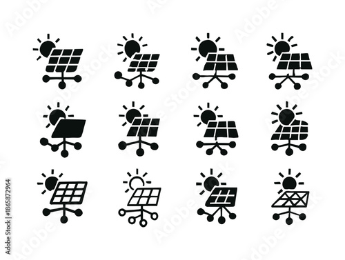 Smart Energy Grid Icons. Smart energy grids. Icon set. Set Logo of Smart energy grids: solar panel network. harmonious logo variations of the same emblematic