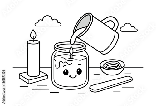 Candle-Making for Kids. Candle-making scene children?s coloring book illustration, outlined drawing, a friendly cartoon jar with melted wax being poured in,
