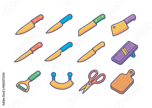 Colorful Kitchen Tools Icons. Kitchen cutting tools. Colorful isometric vector icons set of Kitchen cutting tools: chef?s knives, paring knives, bread knives,